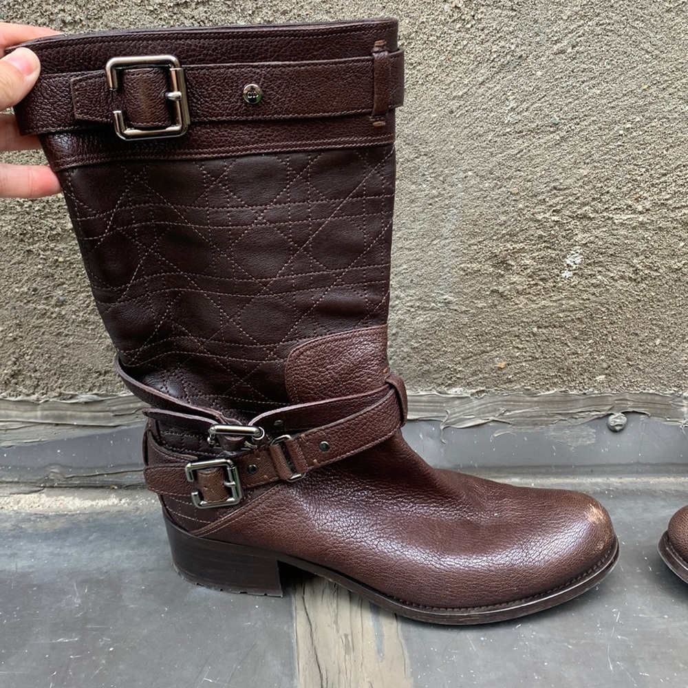 CHRISTIAN DIOR Quilted Leather Buckle Strap Biker Chic Boots Sz 8.5 / 39.5 Italy
